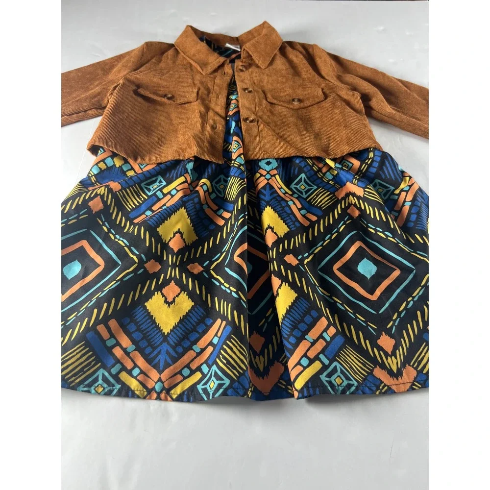 PatPat Girls 4-5Y Brown Corduroy Jacket Geometric Print Dress‎ Set